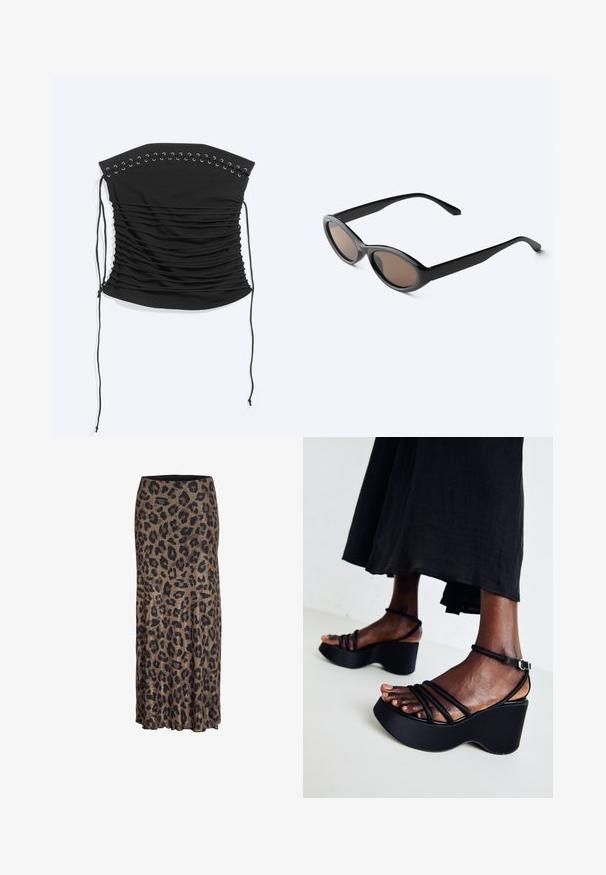 Zwarte strapless geplooide korset top met vetersluiting en lange zijstrikjes, plat gelegd op een lichte achtergrond.; Leopardprint rok in bruin en zwart, met een vloeiende vormgeving en een subtiele ruffle zoom, gemaakt van lichte, zachte stof.; Zwarte wedge-sandalen met meerdere dunne banden, verstelbare enkelgesp, gestructureerd oppervlak en een afgeronde hakvorm.; Zwarte zonnebril met ovale montuur en donker getinte glazen, licht schuin getoond op een wit oppervlak.