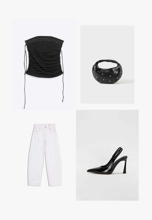 Haut corset noir sans bretelles froncé avec détail lacé et longs liens latéraux, posé à plat sur fond clair.; Jean blanc taille haute avec bouton sur le devant, fermeture éclair, et cinq poches, avec une couture marron clair et une coupe droite.; Escarpin en cuir verni noir à talon aiguille, à bout pointu, avec une sangle élastique double pour un maintien sécurisé. Surface lisse et brillante.; Sac à main en cuir noir de forme arrondie, décoré de clous argentés et équipé d'une poignée courte. Texture lisse et fermeture éclair.