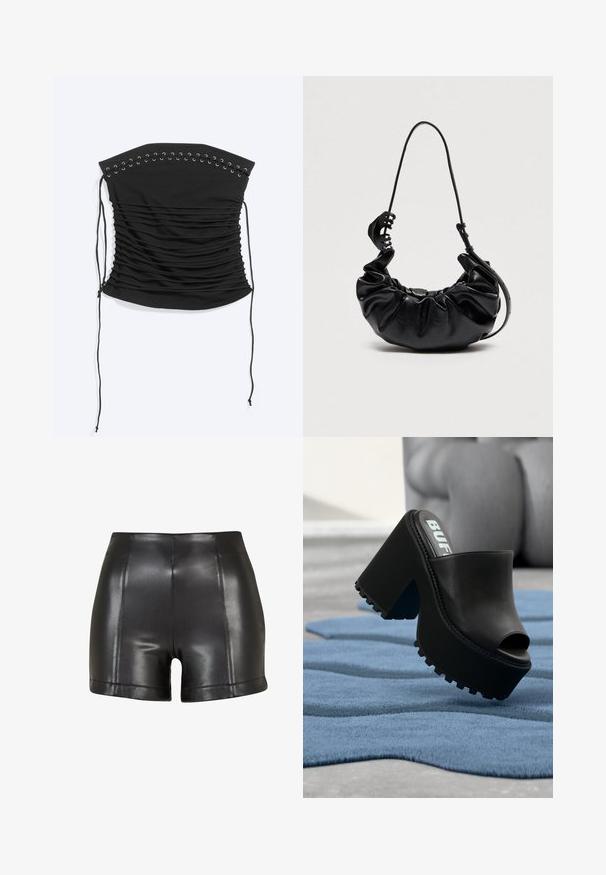 Black strapless ruched corset top with lace-up detail and long side ties, laid flat on a light background.; Black faux leather high-waist shorts with visible vertical and horizontal stitching on a white background.; Black platform mule with peep toe and thick lug sole resting on a textured blue rug indoors near a gray armchair.; Black ruched leather handbag with adjustable shoulder strap and large black hair clip attached to strap on plain background.