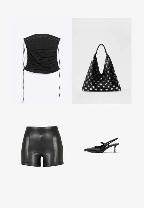 Top corsé negro palabra de honor con fruncidos, detalle de cordones y lazos largos en los laterales, colocado plano sobre un fondo claro.; Pantalones cortos de imitación de cuero negros con una cintura alta, textura suave y costuras visibles a lo largo del frente y el dobladillo.; Zapatos de tacón slingback de cuero negro con punta afilada, correa ajustable delgada y un tacón de aguja de aproximadamente 5 cm, textura suave.; Bolso de cuero negro con forma triangular, adornado con puntos metálicos plateados y un asa texturizada. Acabado suave en general.