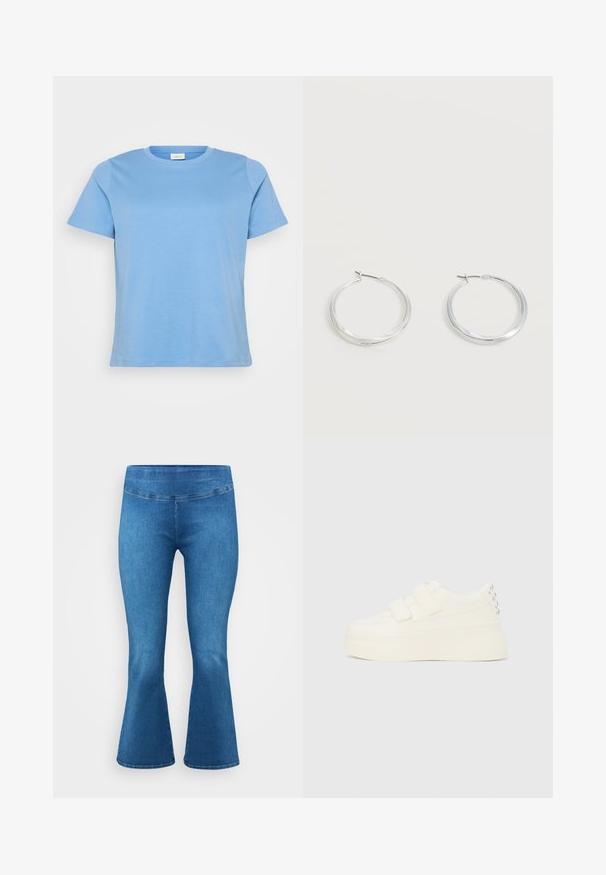 Camiseta de manga corta azul claro, hecha de tejido de algodón suave, con un cuello redondo clásico y un corte relajado.; Pantalones de mezclilla azules acampanados con una cintura de altura media, que presentan una textura suave y un diseño clásico de cinco bolsillos. Terminados con un sutil detalle de costura.; Zapatilla blanca con plataforma, dos tiras de Velcro y tachuelas plateadas en el talón, vista lateral sobre un fondo liso.; Pendientes de aro de metal plateado con superficie lisa y ligeramente curvada y cierre de tipo mosquetón sobre un fondo blanco liso.