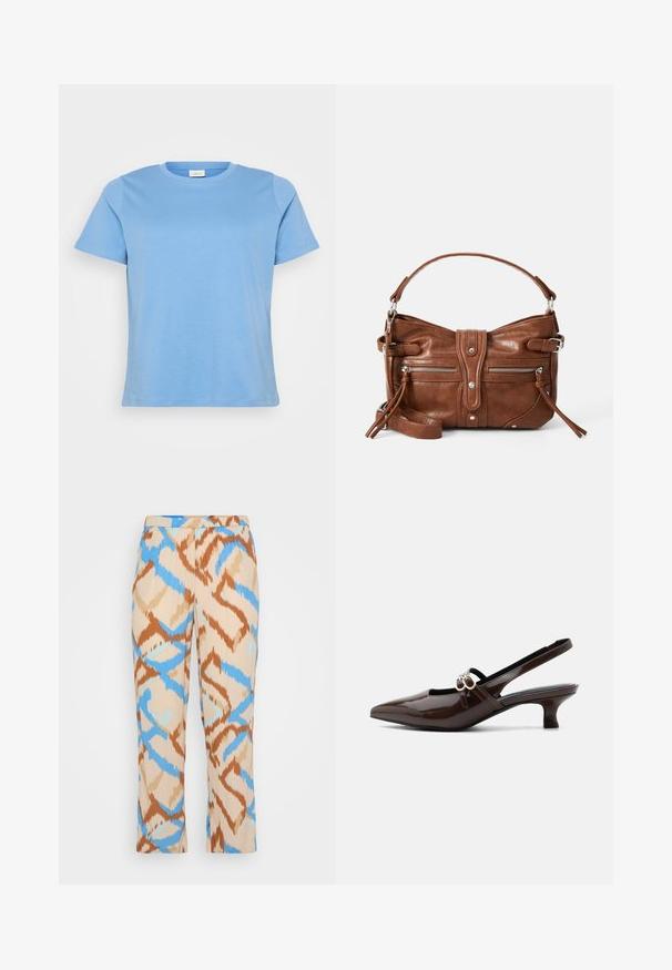 Hellblaues T-Shirt mit kurzen Ärmeln aus glattem Baumwollstoff, mit einem klassischen Rundhalsausschnitt und einer lockeren Passform.; Musterhosen in Beige mit einem blauen und braunen abstrakten Design. Hergestellt aus einem leichten Material mit geradem Bein.; Marco Tozzi Pumps - cinnamon; Braune Lederhandtasche in runder Form, mit zwei vorderen Reißverschlusstaschen und einem abnehmbaren Schultergurt. Ausgestattet mit silberfarbener Hardware und Nähten.