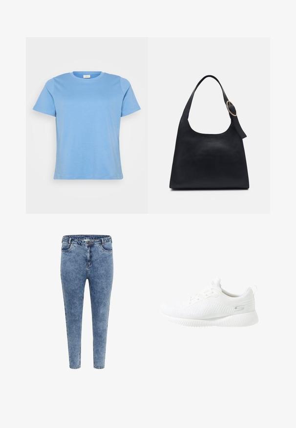 Hellblaues T-Shirt mit kurzen Ärmeln aus glattem Baumwollstoff, mit einem klassischen Rundhalsausschnitt und einer lockeren Passform.; Blaue Skinny Jeans aus Denim mit hoher Taille, fünf Taschen und einem Reißverschluss. Der Stoff hat eine leicht ausgewaschene Textur mit kontrastierenden Nähten.; Weißer Sportschuh mit einem strukturierten Strickobermaterial, ausgestattet mit einer gepolsterten Sohle und dekorativen Akzenten. Slip-On-Design mit Schnürverschluss.; Schwarze Leder-Tote mit glatter Textur, runder Form und einem einzigen Schulterriemen, der mit einem runden goldenen Hardware-Akzent verziert ist.