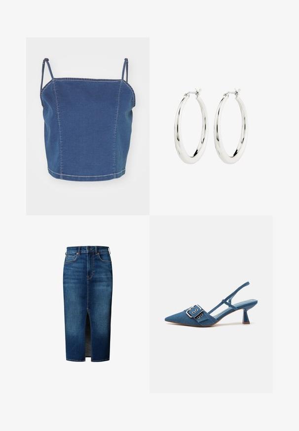Blaues Denim-Crop-Top mit dünnen Trägern, das ein tailliertes Design und sichtbare Nähte entlang der Nähte aufweist.; Dunkelblauer Jeans-Midirock mit vorderem Schlitz, Knopfverschluss, Gürtelschlaufen und Fronttaschen.; Dunkelblaue Slingback-Pumps aus Denim mit einer spitzen Zehenpartie, einem verstellbaren Schnallenriemen und einem glänzenden blauen Absatz. Glatte Textur mit einer hellblauen Innensohle.; Silberne Creolen mit einer glatten, glänzenden Oberfläche. Kreisform, ausgestattet mit einem sicheren Verschluss. Einfaches und elegantes Design.