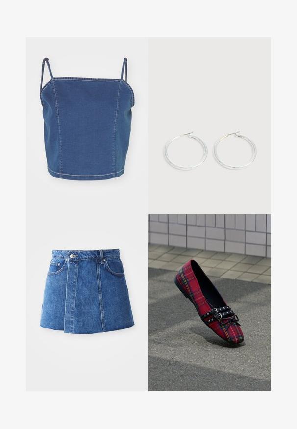 Blaues Denim-Crop-Top mit dünnen Trägern, das ein tailliertes Design und sichtbare Nähte entlang der Nähte aufweist.; Denim-Minirock in mittlerem Blau mit hoher Taille, vorderem Knopfverschluss, zwei Taschen und einem rohen Saum am unteren Ende.; Roter Tartanschuh mit flacher Sohle, spitz zulaufender Spitze, schwarzen genieteten Doppelriemen und Schleife, auf Asphalt nahe einer gefliesten Wand positioniert.; Paar glänzende silberne Creolen mit dünnen Drahtverschlüssen, dargestellt vor einem hellgrauen Hintergrund.