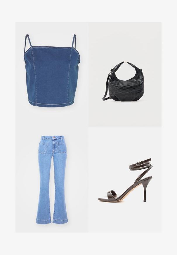 Blaues Denim-Crop-Top mit dünnen Trägern, das ein tailliertes Design und sichtbare Nähte entlang der Nähte aufweist.; Hellblaue Jeans mit hoher Taille, aufgesetzten Fronttaschen und ausgestellten Beinen vor weißem Hintergrund.; Dunkelbraune Sandale aus Lackleder mit hohem Absatz, dünnem Knöchelriemen und offenem Zehenbereich auf weißem Hintergrund.; Schwarze gewebte Lederhandtasche mit kurzem Griff und abnehmbarem Schulterriemen, präsentiert vor einem schlichten hellen Hintergrund.
