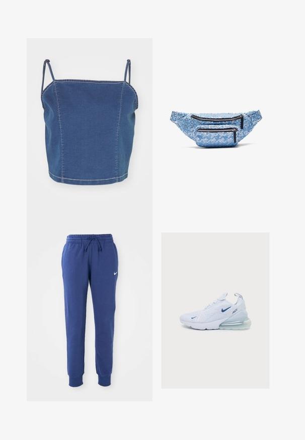 Blaues Denim-Crop-Top mit dünnen Trägern, das ein tailliertes Design und sichtbare Nähte entlang der Nähte aufweist.; Blaue Nike-Sweatpants mit elastischem Bund, Kordelzug, Bündchen an den Knöcheln und weißem Nike-Swoosh-Logo am linken Oberschenkel.; Weißer Sportschuh mit hellblauem Nike-Swoosh, Mesh-Obermaterial, Schnürverschluss und transparenter luftgepolsterter Ferse, in Seitenansicht gezeigt.; Glitzernde blaue Bauchtasche mit zwei Reißverschlussfächern, mit einer strukturierten Oberfläche, schwarzen Reißverschlüssen und einem verstellbaren Hüftgurt.