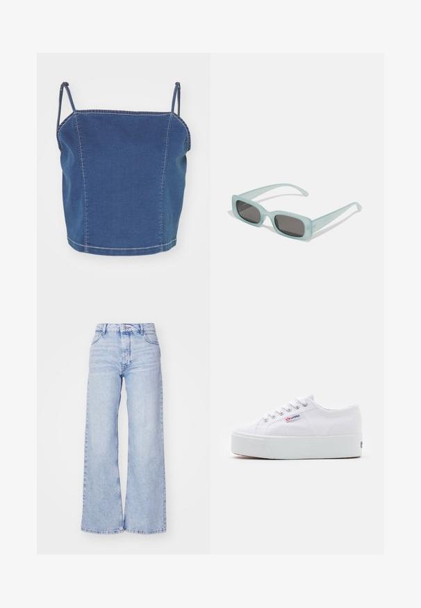 Blå denim cropped top med tynde skulderstropper, har et tætsiddende design og synlige søm detaljer langs sømmen.; Roxy MILLA - Wide leg - glacier; Hvide canvas sneakers med en tyk hvid platformssål, rund tå og metaløjelets til snørebånd. Mærkets logo præsenteret på siden.; Et par rektangulære solbriller med lyseblå gennemsigtige stel og mørkegrå linser, der har lige templer og minimale hardware detaljer.