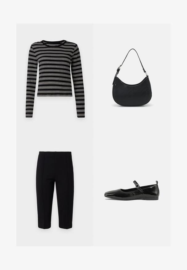 Haut à manches longues noir et blanc à rayures avec une texture côtelée et un col rond, présentant des rayures horizontales uniformes.; Pantalons noirs cropped en tissu extensible, avec des détails de couture à l'avant et une coupe ajustée, offrant une silhouette lisse.; Chaussure plate en cuir verni noir avec un bout pointu, une sangle de cheville avec boucles, et une texture lisse et brillante. Talon bas pour le confort.; Sac hobo noir en cuir lisse avec une silhouette arrondie, doté d'une seule sangle ajustable et de détails de design minimalistes.