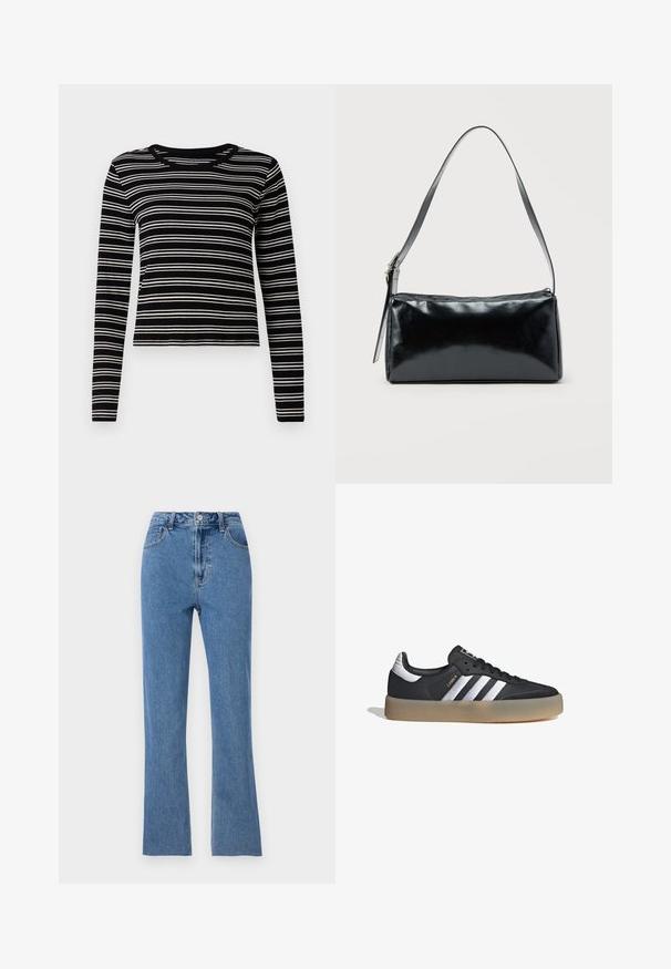 Top de rayas en blanco y negro de manga larga con textura acanalada y escote redondo, que presenta rayas horizontales uniformes.; Jeans ajustados de color azul fabricados en denim, con una cintura alta, piernas acampanadas y sutiles detalles de costura. Diseño clásico de cinco bolsillos.; Zapatilla deportiva de cuero negro con tres rayas plateadas, punta texturizada y suela de goma. Cuenta con un collar acolchado y un diseño con cordones.; Bolso de hombro rectangular negro con una correa ajustable y un cierre de cremallera superior sobre un fondo liso.