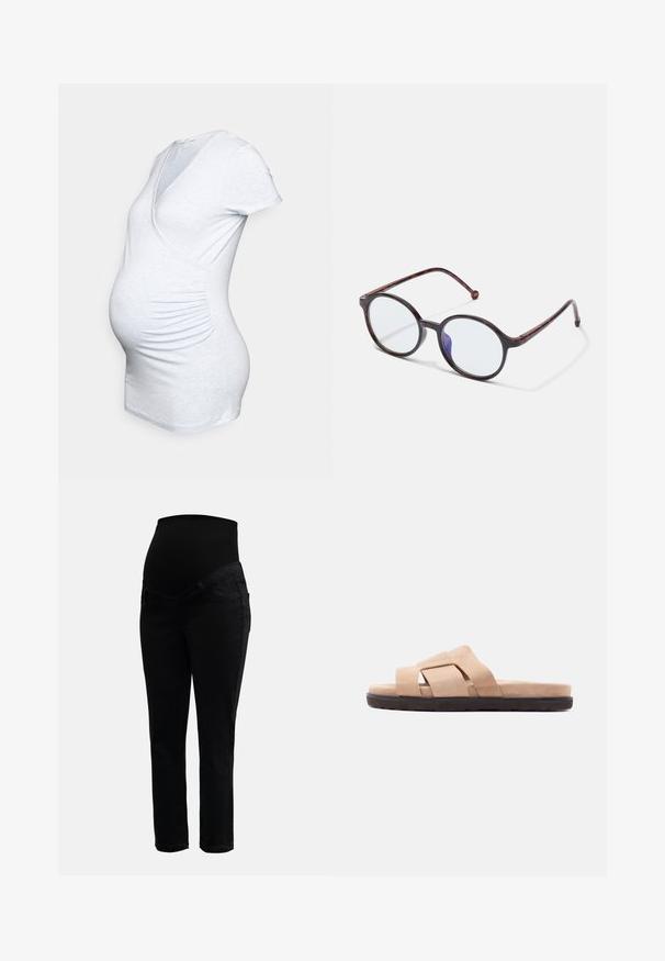 Esprit Maternity T SHIRT NURSING SHORT SLEEVE - T-shirt basique - light blue; Jeans de maternité noirs avec une taille haute extensible et des jambes slim, conçus pour le confort et le soutien pendant la grossesse.; Sandale beige à enfiler avec deux larges brides superposées et une semelle noire texturée, vue de côté sur fond blanc.; Des montures de lunettes en écaille de tortue rondes avec des verres transparents et un subtil reflet de lumière bleue sur un fond blanc.