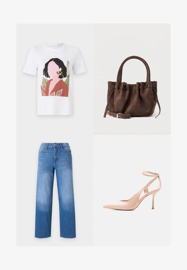 Camiseta blanca con un diseño gráfico de una mujer con cabello negro, vistiendo una blusa marrón y un pendiente dorado, rodeada de hojas verdes.; Jeans de denim azul claro con corte de pierna ancha, que cuentan con cinco bolsillos, cremallera y un ligero desgaste en los muslos. Bordes con acabado limpio.; Zapato de tacón stiletto de charol color nude con puntera puntiaguda, lados recortados y correa ajustable en el tobillo con hebilla.; Bolso de ante marrón con parte superior fruncida, dobles asas y correa desmontable con hebilla plateada, mostrado sobre un fondo liso.