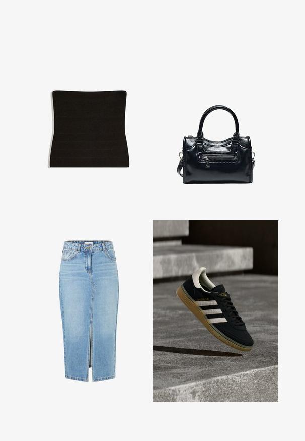 Sort elastisk bandeau-top i stof med vandret ribbet tekstur og en let buet silhuet.; Lyseblå denimnederdel med lige snit, frontslids, bæltesløjfer og knaplukning i toppen. Har klassisk syning og lommer.; Sort ruskindssneaker med hvide striber og gyldent logo, med en tekstureret gummisål i karamel og en kontrasterende cremefarvet hæltab.; Sort skinnende læderhåndtaske med to håndtag, lynlåslomme foran og aftagelig skulderrem på hvid baggrund.