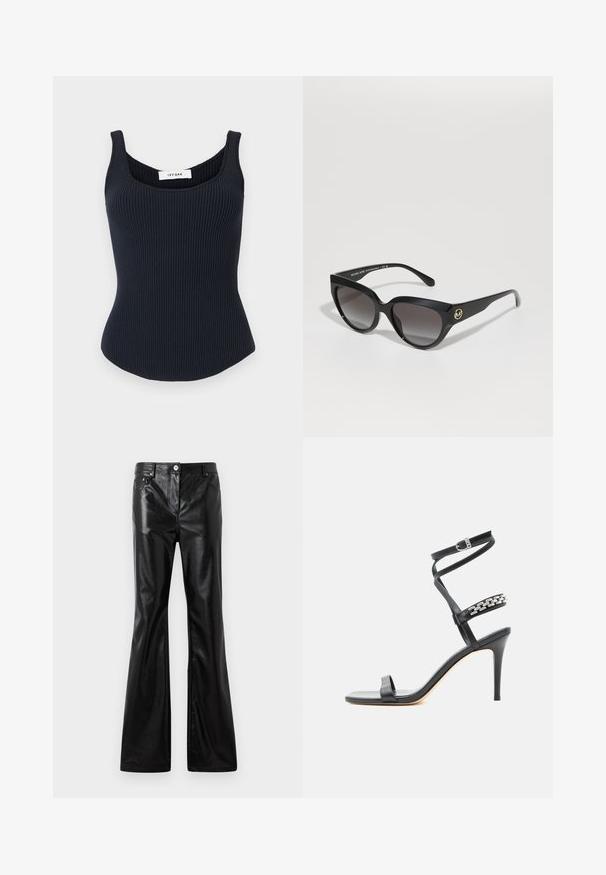 Sort ribstrikket tanktop med brede stropper og rund halsudskæring, mærket "Ivy Oak" på bagsiden inde ved kraven.; Rabanne Loose-jeans - black; Sort højhælet sandal med tynd ankelrem, midtfodsrem dekoreret med sølvkædeled og åben tå-design.; Solsikker med en sort plastikkramme, vinklet design, gradient mørke linser og et guld-logo som accent på siden.