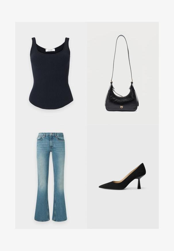 Schwarzes, geripptes Strick-Top mit breiten Trägern und Rundhalsausschnitt, hinten innen am Kragen mit dem Label "Ivy Oak" versehen.; Helle blaue Jeans mit ausgestelltem Bein, fünf Taschen, gestickten Details und einem Bund mit Knopf- und Reißverschluss.; Schwarze Wildleder-Pumps mit hohem Absatz und spitzer Zehenform, ausgestattet mit einem glänzenden schwarzen Blockabsatz und einem glatten Innenfutter.; Schwarze Leder-Schultertasche mit langem Riemen, goldfarbenem Logo-Emblem vorne und Reißverschlussverschluss.