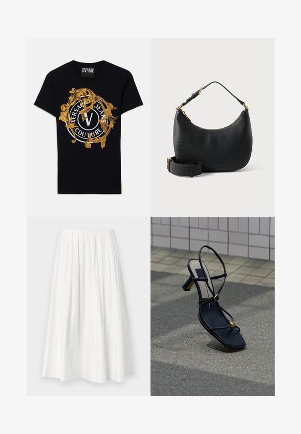 Must silmade varrukatega Versace Jeans Couture T-särk, millel on kuldne barokkdisain ja valge ringikujuline logo keskosas.; Proenza Schouler White Label A-lõikeline seelik - white; Mustad rihmlised kontsakingad ruudukujulise varbaga, kuldse pandla ja kuldsete helmeste detailiga varbarihmal, asetatud asfaltile lähedal plaaditud seinale.; Must tekstuuriga nahast õlakott kuldse luku, reguleeritava rihma ja eemaldatava laia vöögiga valgel taustal.