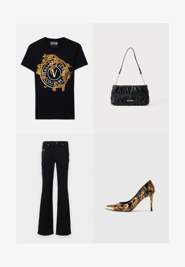 Must silmade varrukatega Versace Jeans Couture T-särk, millel on kuldne barokkdisain ja valge ringikujuline logo keskosas.; Mustad mustad teksapüksid, millel on tekstuuriga kangas ja õrn muster, hõbedase värvusega detailid ning esimesed taskud. Tõmblukk külgedel.; Tipp-küünisega kontsaking, millel on läikiv must pind, kaunistatud kuldsete lillemustriga ja metallik kuldse varbaga.; Must nahast käekott kuldse ketiga rihma ja "Love Moschino" logoplaadiga esi keskel.