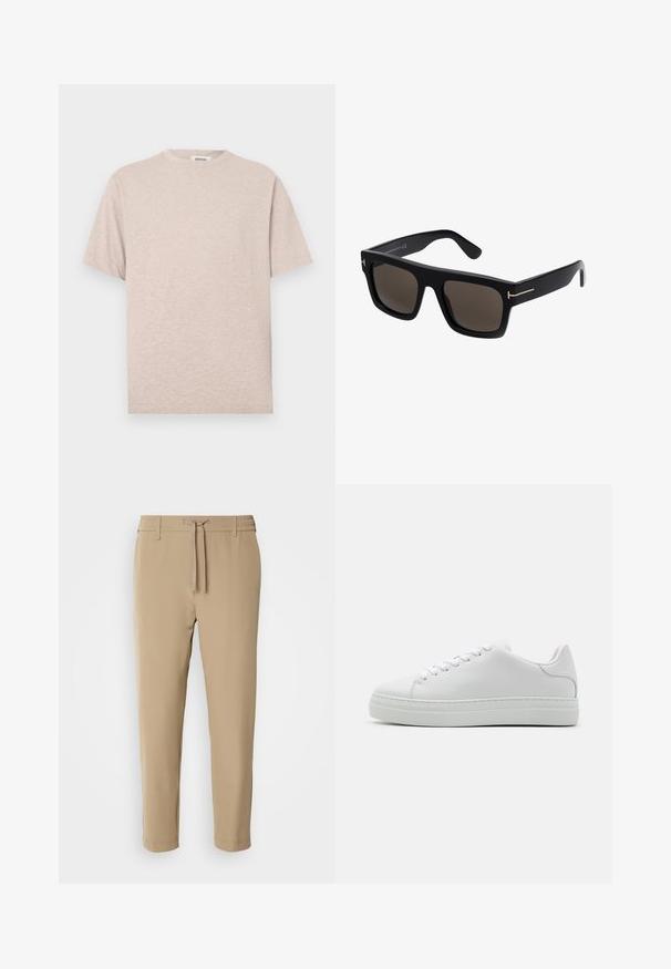 Kortærmet beige t-shirt lavet af blødt stof. Har rund halsudskæring, afslappet pasform og minimale syningsdetaljer ved kant og ærmer.; Beige, tapered bukser med elastisk talje og snor. Glat stof med et rent design uden synlige mønstre eller hardware.; Hvide lædersneakers med en chunky platformsål, rund tå og seks snørehuller. Glat tekstur med subtile syninger.; Sorte firkantede solbriller med mørke linser, der har guldtonede accenter på stængerne og en glat plastikoverflade.