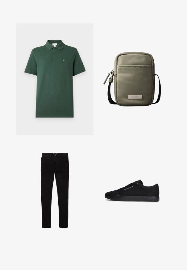 Dunkelgrünes Polo-Shirt mit kurzen Ärmeln, zwei Knöpfen und kleinem gelben "cK"-Logo auf der linken Brust, einfarbiger Hintergrund.; Schwarze Jeans aus Denim mit schlanker Passform, fünf Taschen und Knopfverschluss. Glatte Textur und minimale Nähte.; Schwarzer Sneaker mit niedrigem Schaft, schwarzer Sohle, schwarzen Schnürsenkeln und kleinem Tommy Hilfiger Logo an der Seite und Zunge.; Kompakte olivgrüne Umhängetasche mit Vordertasche, schwarzem verstellbarem Riemen, Reißverschluss und Calvin Klein Logo-Plakette.