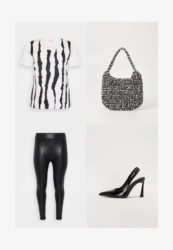 Kortærmet T-shirt i hvid bomuld med sorte, flossede stribemønstre. Rund halsudskæring og lige snit. Ingen yderligere detaljer eller pynt.; Sorte leggings lavet af et glat, skinnende materiale. Høj talje, tætsiddende design, og ingen synlige sømme eller mønstre.; Sorte patenterede lædersædler med spidse tæer, slank høj hæl og dobbelt elastisk rem for sikker pasform. Glat, skinnende overflade.; Vævet håndtaske i sort og hvid med en rund form, tekstureret overflade og et fletet håndtag. Velegnet til afslappet brug.