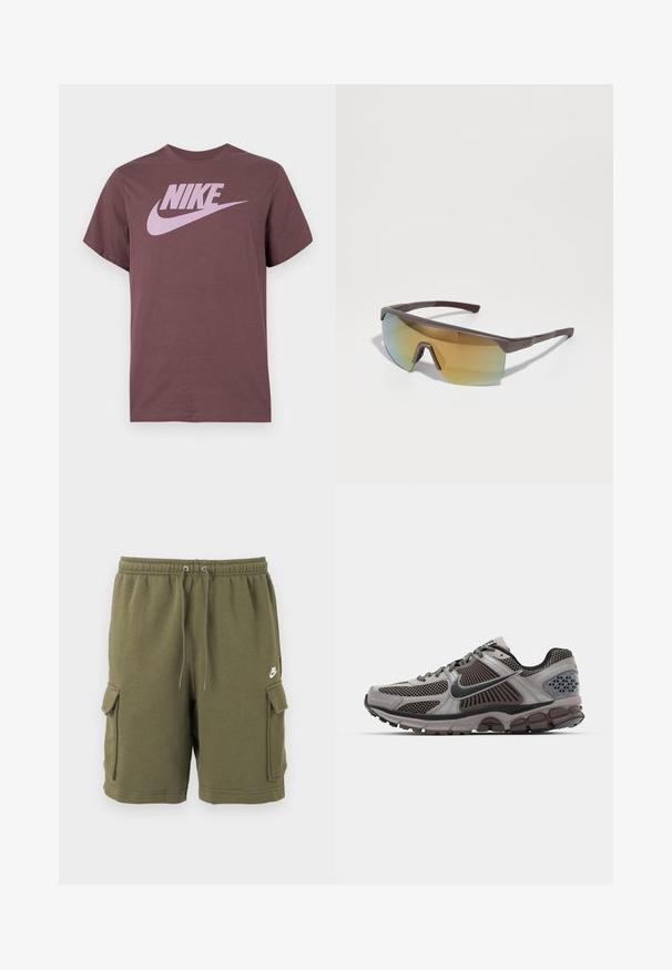 Brun Nike T-shirt med korte ærmer og stor lyserød Nike-logo og swoosh på brystet, ensfarvet baggrund.; Olivengrønne Nike cargoshorts med elastisk taljebånd, justerbar snøre, sidelommer med klap og lille hvid Nike-logo på venstre lår.; Lys grå og mørkebrun løbesko med mesh-detaljer, struktureret design og tykk gummisål. Har Nike swoosh-logo og teksturerede accenter.; Sport-solbriller med en slank, rektangulær brun ramme og gradient gule-blå linser, der har en udtalt næsebro og teksturerede tempelgreb.