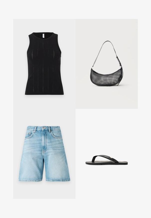 Haut noir sans manches avec une texture côtelée à lignes verticales et des découpes subtiles. Col arrondi et coupe ajustée.; Shorts en denim bleu clair avec une coupe décontractée, comportant cinq poches, des passants de ceinture et une texture délavée. L'ourlet est droit et cousu.; Tongs noires avec une semelle plate, une semelle intérieure texturée noire, des sangles lisses et un petit accent doré près du séparateur de orteils.; Petit sac d'épaule noir en mesh en forme de croissant avec une lanière fine réglable, sur un fond clair uni.
