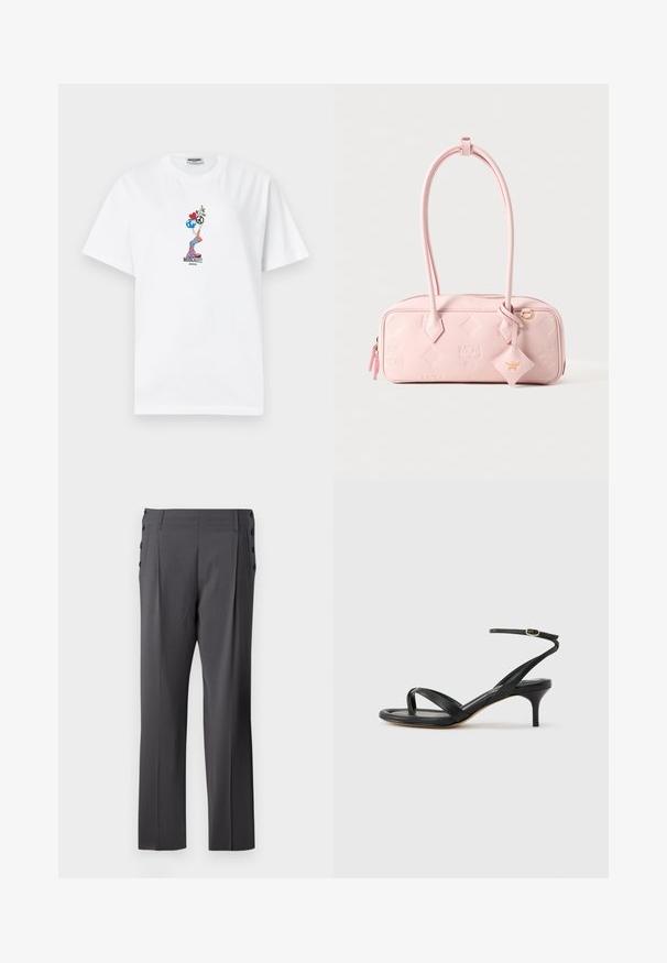 Weißes Moschino-T-Shirt mit einer bunten Grafik einer Person, die einen Handstand macht und ein Herz, einen Globus, ein Friedenszeichen und Blumen hält.; Graue, maßgeschneiderte Hose mit geradem Bein, Vorderfalten und dekorativen Seitentasten für zusätzlichen Stil. Glatte Stoffstruktur.; Schwarze Ledersandale für Damen mit dünnen Riemchen, einer Zehenlasche, einer Knöchelschnalle und einem mittelhohen Stöckelabsatz vor neutralem Hintergrund.; Hellrosa rechteckige Handtasche mit zwei hohen Henkeln, geprägten Logos und einem hängenden diamantförmigen Lederanhänger mit goldenem Emblem.