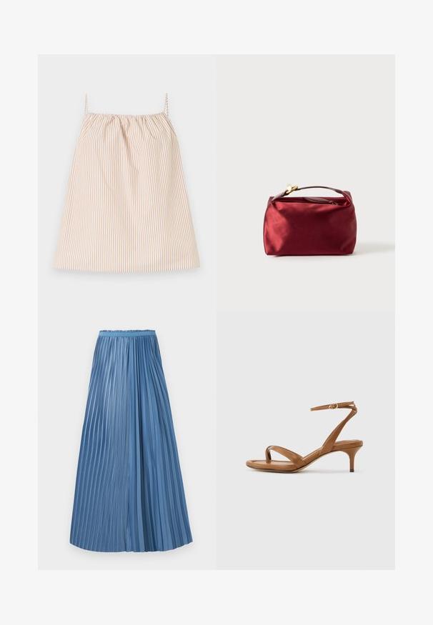 Robe sans manches beige et blanche à rayures verticales avec fines bretelles et encolure froncée, présentée à plat sur un fond blanc.; Jupe plissée bleu longueur cheville avec des plis de largeurs inégales et une ceinture ajustée sur fond blanc.; Sandale en cuir marron avec lanières, talon bas en forme de petit escarpin et bride à la cheville avec une petite boucle, vue de côté sur un fond uni.; Trousse de maquillage en satin bourgogne de forme rectangulaire, avec fermeture éclair et une poignée courte. Présente un design minimaliste et une texture lisse.