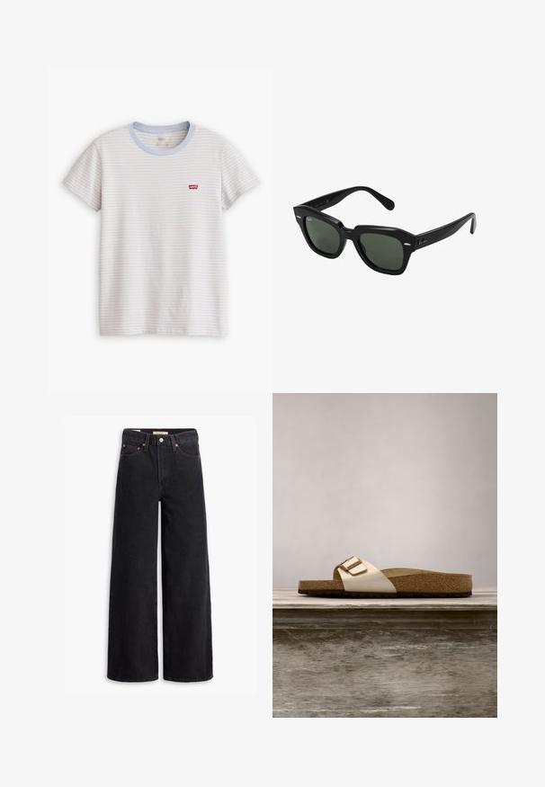 Camiseta blanca de manga corta con finas rayas horizontales azules y beige y un pequeño logo rojo de Levi's en el pecho izquierdo.; Jeans de pierna ancha negros hechos de denim, con cinco bolsillos, remaches de cobre y un cierre clásico de botón. Textura suave con un diseño limpio.; Chancla con una parte superior metálica ligera, plantilla de corcho y suela de goma texturizada en marrón. Detalle de hebilla con acento de logo.; Gafas de sol cuadradas negras con lentes verde oscuro, con montura audaz y acentos plateados en los laterales. Fabricadas en Italia.