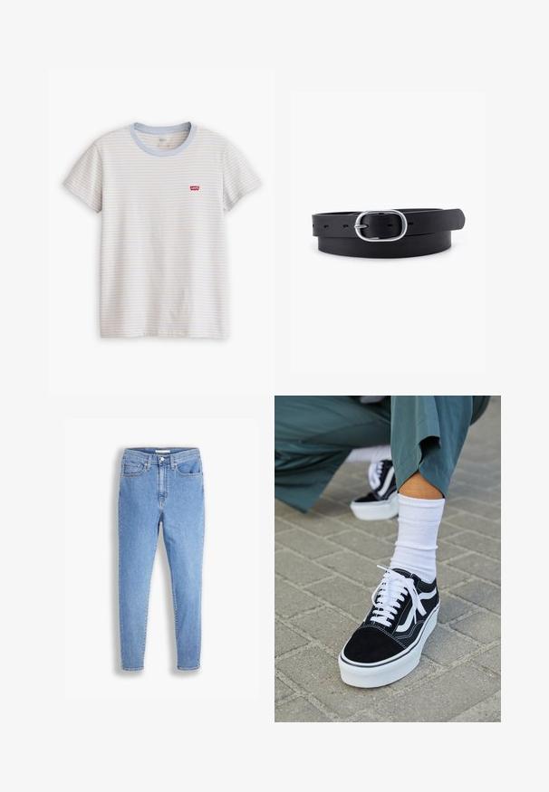Kurzärmeliges weißes T-Shirt mit dünnen horizontalen blauen und beigen Streifen und einem kleinen roten Levi's-Logo auf der linken Brust.; Hellblaue, hoch-taillierte, schmale Jeans mit vorderen und hinteren Taschen, Knopfverschluss und Gürtelschlaufen auf weißem Hintergrund.; Schwarze Wildledersneaker mit weißen Akzenten und Schnürsenkeln, ausgestattet mit einer dicken weißen Sohle und kontrastierenden Nähten, kombiniert mit einer weißen Socke.; Schwarzer Leder Gürtel mit glatter Textur, ovaler silberner Metallschnalle und mehreren Einstelllöchern entlang des Riemens. Flaches, minimalistisches Design.