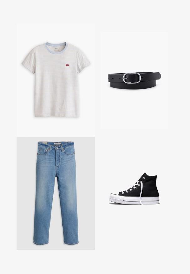 Camiseta blanca de manga corta con finas rayas horizontales azules y beige y un pequeño logo rojo de Levi's en el pecho izquierdo.; Jeans de mezclilla azul claro de pierna recta con bolsillos frontales, lazos para cinturón y cierre de botón sobre un fondo liso.; Zapatilla alta de lona negra con suela de goma blanca y cordones blancos, vista de lado sobre un fondo blanco.; Cinturón de cuero negro con una textura suave, hebilla ovalada de metal plateado y múltiples agujeros de ajuste a lo largo de la correa. Diseño plano y minimalista.
