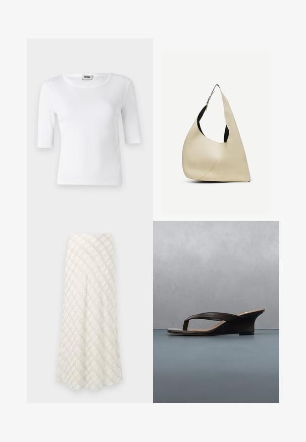 T-shirt blanc à côtes avec un col rond et des manches mi-longues. Fabriqué en matériau doux avec une texture lisse. Étiquette visible au niveau du col.; Jupe longue de couleur crème avec un motif à carreaux diagonal gris. Design fluide avec une texture lisse, s'évasant vers l'ourlet.; Sandale compensée noire avec brides en lanières posée sur une planche en bois et un sol en pierre en plein air près de plantes vertes et d'un mur en béton.; Sac à bandoulière en cuir lisse couleur crème, de forme triangulaire arrondie, avec une sangle réglable et une boucle en argent.