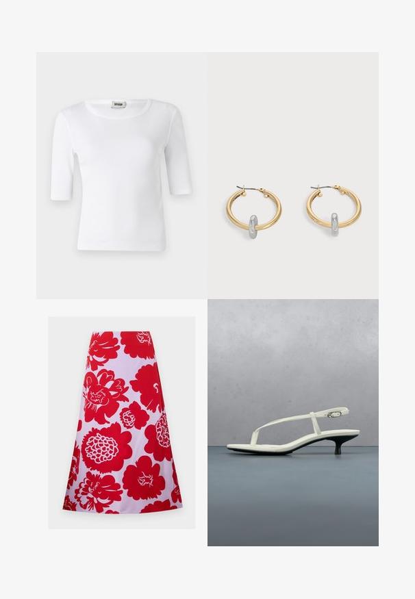 Hvid ribbet T-shirt med rund halsudskæring og ærmer til albuerne. Fremstillet af blødt stof med en glat overflade. Etiketten er synlig ved halsudskæringen.; Rød blomstret nederdel på hvid baggrund; knælang med en svungen design og glat tekstur. Ingen synlige lukninger eller accenter.; Hvid sandal med stropper og kitten-hæl med spids tå, svævende over et trægulv udendørs med en sløret plante og væg i baggrunden.; Par guldtonede hoop øreringe med lille sølvfarvet loop-detalje på hver, vist mod lysegrå baggrund.