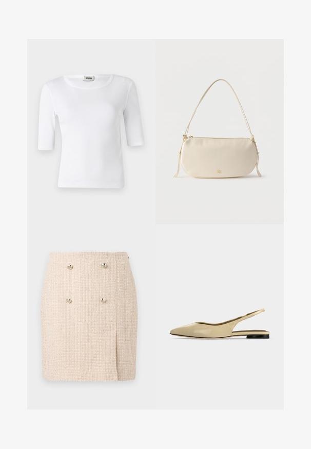 Camiseta blanca de canalé con escote redondo y mangas de longitud hasta el codo. Fabricada con un material suave de textura lisa. Etiqueta visible en el escote.; Falda texturizada beige con un patrón tejido, que presenta dos botones plateados prominentes en la parte delantera y un dobladillo ligeramente asimétrico.; Zapato plano beige con puntera puntiaguda, diseño slingback, tacón bajo negro y acabado en cuero liso, mostrado de perfil sobre un fondo liso.; Bolso pequeño de color crema para llevar al hombro, con una sola correa, cierre de cremallera y un sutil logo de la marca en dorado en el frontal.