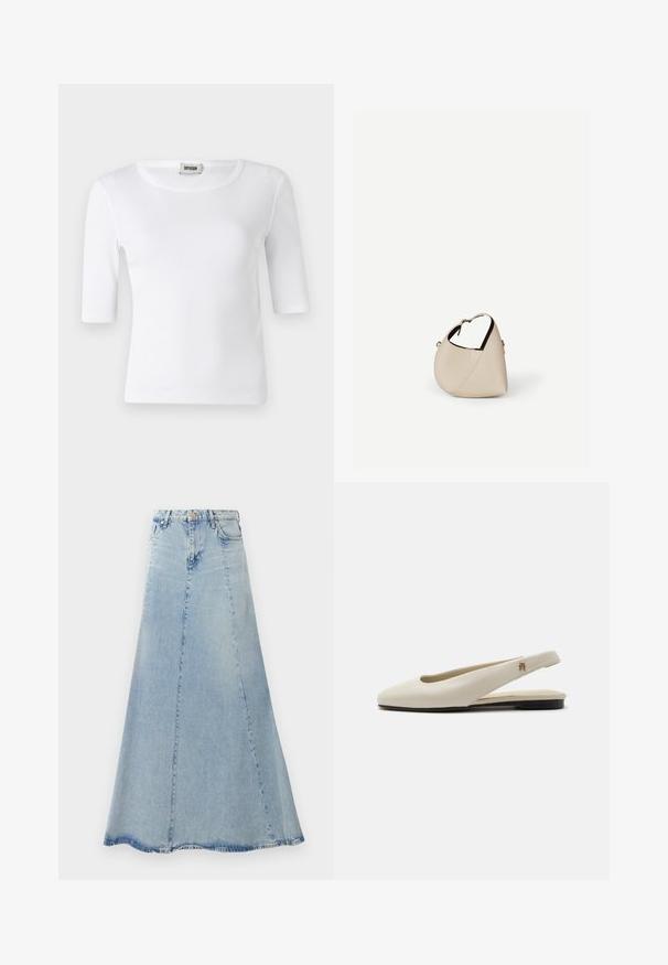 Witte geribde T-shirt met een ronde halslijn en ellebooglange mouwen. Gemaakt van zacht materiaal met een gladde textuur. Label zichtbaar bij de halslijn.; Lichtblauwe denim rok met een vloeiende A-lijnvorm, voorzien van een voorknopsluiting, riemlussen en zichtbare stikseldetails.; Crèmekleurige leren slingback platte schoen met ronde neus en klein gouden embleem op het bandje.; Beige leren handtas in halvemaanvorm met een enkele schouderband en minimale stiksels, afgebeeld tegen een effen witte achtergrond.