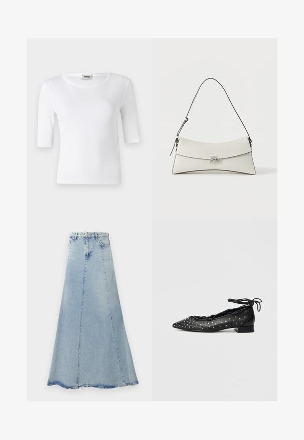 Weißes, geripptes T-Shirt mit rundem Ausschnitt und Ärmeln bis zum Ellbogen. Hergestellt aus einem weichen Material mit glatter Textur. Etikett am Ausschnitt sichtbar.; Helle blaue Denim-Rock mit ausgestellter A-Linien-Form, ausgestattet mit einer Frontknopfschließe, Gürtelschlaufen und sichtbaren Nähdetails.; Schwarze Ballerinas aus Leder mit spitz zulaufender Zehenpartie, Schnürdesign und silbernen Nieten entlang der Seiten. Niedriger Blockabsatz.; Weiße Lederschultertasche mit geschwungenem Überschlag, schwarzer Kante, verstellbarem Riemen und silberner dekorativer Schnalle auf schlichtem Hintergrund.
