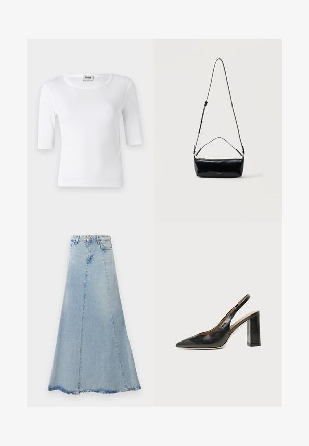 T-shirt blanc à côtes avec un col rond et des manches mi-longues. Fabriqué en matériau doux avec une texture lisse. Étiquette visible au niveau du col.; Jupe en denim bleu clair avec une forme évasée en A, dotée d'une fermeture à boutons sur le devant, de passants de ceinture et de détails de couture visibles.; Chaussure slingback en cuir noir à bout pointu avec un talon bloc haut et une doublure intérieure beige sur un fond clair uni.; Sac bandoulière rectangulaire en cuir noir avec bandoulière ajustable, fermeture éclair sur le dessus et petit logo Calvin Klein doré sur le devant.