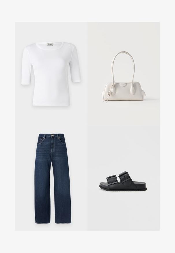 Camiseta blanca de canalé con escote redondo y mangas de longitud hasta el codo. Fabricada con un material suave de textura lisa. Etiqueta visible en el escote.; Jeans de mezclilla oscura de pierna ancha con textura suave, con cierre de botones, diseño de cinco bolsillos y detalles de costura sutiles.; Sandalias de slide negras hechas de un material texturizado con dos correas ajustables que cuentan con hebillas. Suela plana con un diseño de dibujo para mayor agarre.; Bolso pequeño de cuero blanco con dos asas largas, charm de logo plateado y cierre de cremallera en cada lado, sobre un fondo blanco liso.