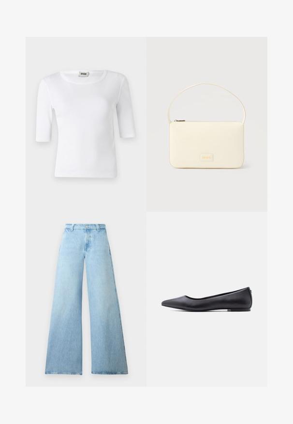 Witte geribde T-shirt met een ronde halslijn en ellebooglange mouwen. Gemaakt van zacht materiaal met een gladde textuur. Label zichtbaar bij de halslijn.; Lichtblauwe wijd-uitlopende jeans gemaakt van denim met een hoge taille, voorzien van een knoopsluiting en vijf zakken. Gladde textuur met een casual silhouet.; Zwarte platte leren schoen met puntige neus en lage hak, zijaanzicht tegen een witte achtergrond.; Roomkleurige rechthoekige handtas met een enkele draagband en een ritssluiting aan de bovenkant, met een klein ingegraveerd logoplacaat op de voorkant.