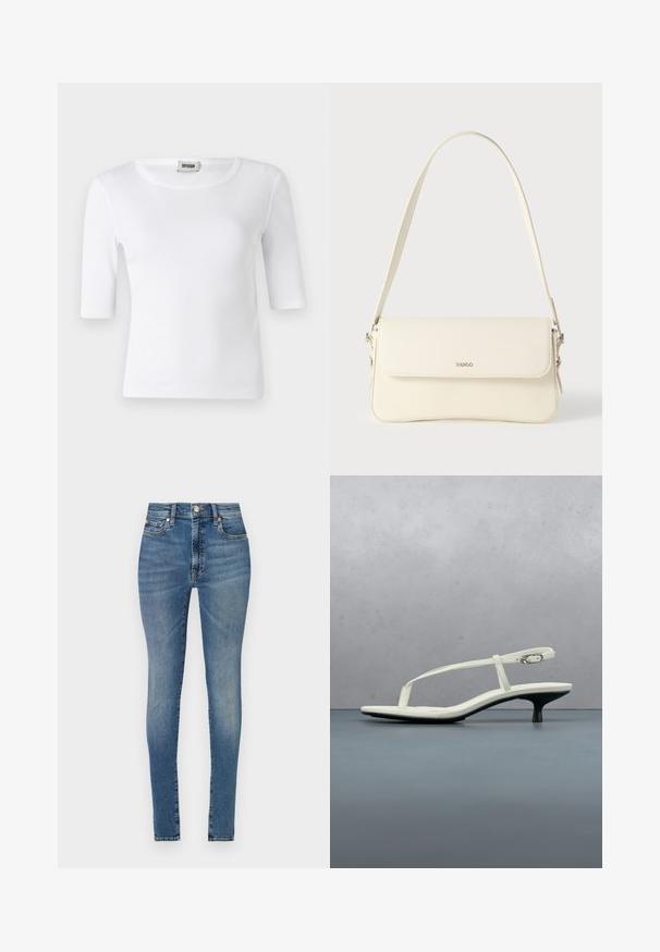 Witte geribde T-shirt met een ronde halslijn en ellebooglange mouwen. Gemaakt van zacht materiaal met een gladde textuur. Label zichtbaar bij de halslijn.; Hoge taille skinny jeans in lichtblauwe denim, met vijf zakken, riemlussen en een rits met knoopsluiting.; Witte sandaal met smalle bandjes en kitten heel, met een spitse neus, zwevend boven een houten tegelvloer buiten, met op de achtergrond een wazige plant en muur.; Schoudertas van crèmegekleurd leer met een klepafsluiting, zilverkleurige hardware, een enkele verstelbare riem en subtiele logodetails.