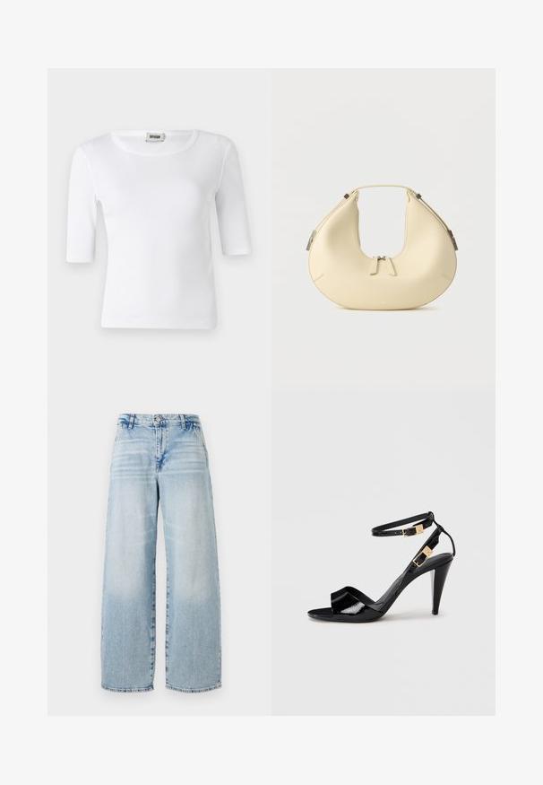 Witte geribde T-shirt met een ronde halslijn en ellebooglange mouwen. Gemaakt van zacht materiaal met een gladde textuur. Label zichtbaar bij de halslijn.; Lichtblauwe denim wijde jeans met een hoge taille, subtiele slijtage-effecten, rafelige zoom en een klassieke vijf-pocket ontwerp.; Zwart lakleren hoge hak sandaal met dubbele enkelbandjes en gouden gespen, open teen en slanke, taps toelopende hak op een neutrale achtergrond.; Beige, halvemaanvormige handtas met dubbele ritssluiting en korte handgreep, voorzien van zilverkleurige hardware details aan de zijkanten.