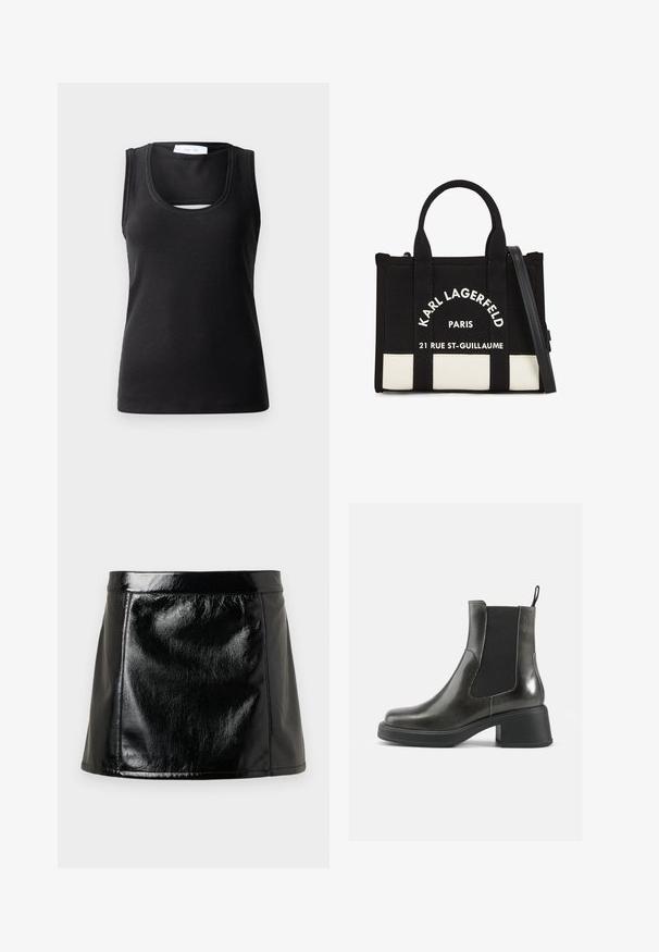 Zwarte mouwloze tanktop van ribstof, met een ronde hals en een kleine uitsnijding aan de voorkant voor extra ontwerp.; Zwarte leren minirok met een glanzende afwerking, met een aansluitende taille, rechte snit en minimale naden voor een strakke uitstraling.; Zwarte leren enkellaarzen met een gladde afwerking, elastische zijpanelen en een zware hak. Voorzien van een lus voor gemakkelijker aan- en uittrekken.; Zwarte canvas handtas met dubbele handvatten aan de bovenkant en een afneembare schouderband. Bevat een witte logo-opdruk en een contrasterend onderpaneel. Rectangulaire vorm.