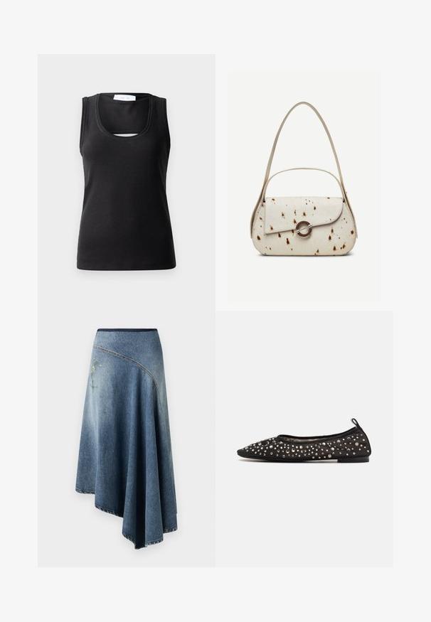 Schwarzes ärmelloses Tanktop aus geripptem Stoff, mit einem runden Ausschnitt und einem kleinen Ausschnitt an der Front für zusätzlichen Designakzent.; Denim-Wickelrock in einem hellen bis dunklen Blauton-Gradient, mit einem gestickten Blumenmuster auf einer Seite und sichtbaren Stichdetails entlang der Ränder.; Schwarze Ballerina mit spitzer Zehenform, verziert mit verschiedenen metallischen Strasssteinen, weiches Obermaterial und schwarze flache Sohle.; Handtasche in Cremefarben mit braunen Sprenkeln, gebogenem Überschlag mit rundem Metallverschluss, ausgestattet mit zwei dünnen Riemen, einer längeren für die Schulter.