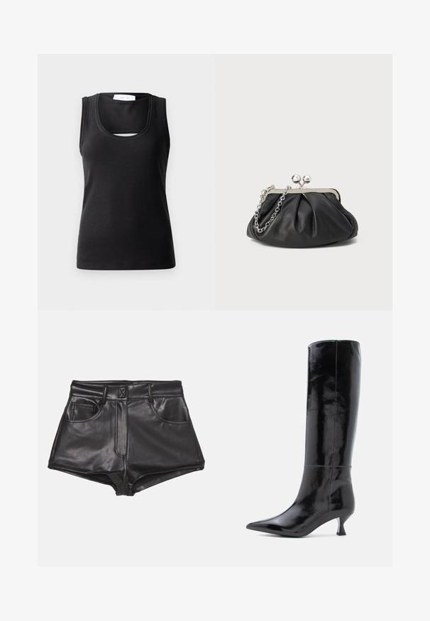 Débardeur sans manches noir en tissu côtelé, avec une encolure dégagée et un petit détail découpé à l'avant pour un design supplémentaire.; Shorts en simili cuir noirs à taille haute, dotés de deux poches frontales, de coutures apparentes et d'une texture lisse.; Bottes en cuir noir, montantes jusqu'au genou, avec une finition brillante, un bout pointu et un petit talon carré. Texture lisse, détails de couture minimalistes.; Porte-monnaie en cuir noir avec texture froncée, cadre en métal argenté, fermeture à verrouillage kiss-lock et bandoulière en chaîne. Surface lisse et douce.