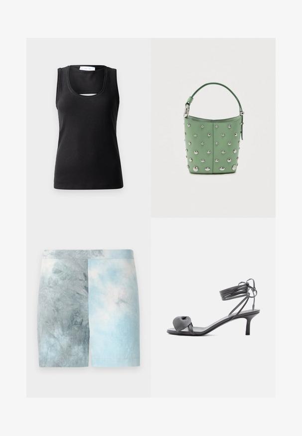 Débardeur sans manches noir en tissu côtelé, avec une encolure dégagée et un petit détail découpé à l'avant pour un design supplémentaire.; Shorts en patchwork de couleurs présentant un dégradé de nuances de bleu clair et de gris. Fabriqués en tissu doux avec une texture lisse et une ceinture.; Sandale à talon en cuir gris avec une bride nouée sur les orteils et des lacets enroulants autour de la cheville, sur un talon moyen et fin, sur fond blanc.; Sac seau vert avec une seule anse, décoré de clous en argent espacés de manière égale sur une surface en cuir lisse.