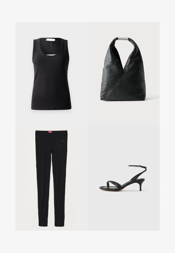 Débardeur sans manches noir en tissu côtelé, avec une encolure dégagée et un petit détail découpé à l'avant pour un design supplémentaire.; Leggings noirs en tissu lisse, avec une taille haute et un logo discret à l'avant. Les leggings ont une silhouette slim et ajustée.; Sandale pour femme en cuir noir avec fines lanières, une boucle d'orteil, une boucle à la cheville et un talon aiguille de hauteur moyenne sur un fond neutre.; Sac à main en cuir noir avec une forme triangulaire douce et une poignée à fermoir métallique argenté sur fond blanc uni.