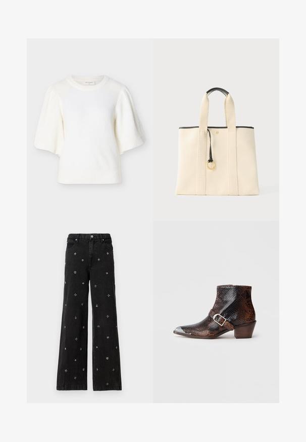 Suéter blanco de punto con mangas cortas abullonadas, cuello redondo y dobladillo acanalado. Textura suave con un brillo sutil. Diseño sencillo, sin patrones visibles.; Jeans anchos negros de mezclilla que presentan intrincadas cuentas plateadas y bordados en patrones florales y geométricos por todo su diseño.; Botas de tobillo con estampado de serpiente en negro y marrón, con punta de metal plateado, detalle de hebilla y un tacón de madera bajo. Textura suave, diseño ajustado.; Bolsa de lona crema con correas anchas, asa con borde negro y detalle de anillo dorado colgando en el centro frontal.
