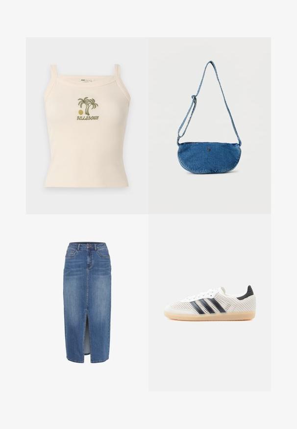 Kremfarvet ribbet tanktop med tynde stropper, med grønne palmetræer og solbroderi over ordet "Billabong" på brystet.; Denim nederdel med en frontslids, i midlængde, i en lys til mellemblå vask. Har fem lommer og en talje med bæltestropper.; Hvide mesh-sneakers med sort tre-stribet design, rundet tå og gummisål. Har blød hælkant og snørelukning.; Blå denim crossbody taske med justerbar rem og lille metallisk logo foran, vist mod hvid baggrund.