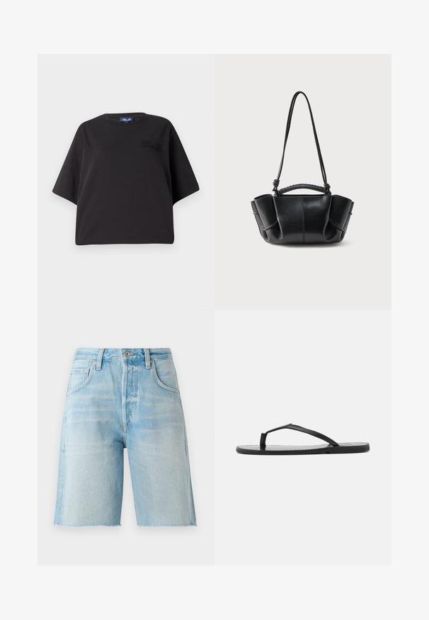 Sort kortærmet t-shirt lavet af bomuld, med en afslappet pasform og prægede branding på forsiden nær skulderen.; Lyseblå denimshorts med høj talje, fem lommer og rå kant. Blødt materiale og klassisk snit, velegnet til afslappet brug.; Sorte flip-flops med minimalistisk design, der har tynde stropper og en flad sål. Materialet ser ud til at være plast med en glat overflade.; Sort læderhåndtaske med en buet silhuet, opsamlede sider, flettet håndtag og en lang tynd rem mod en hvid baggrund.