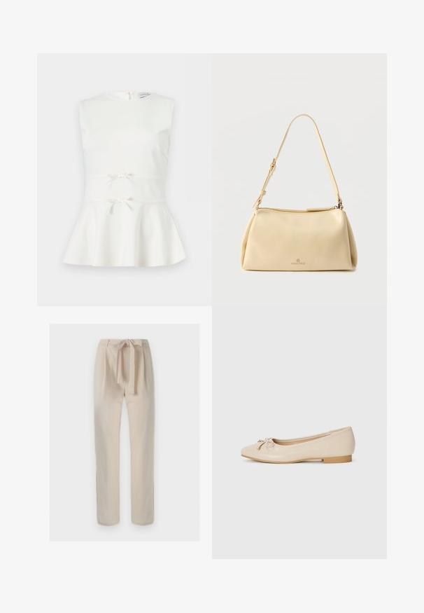 Mouwloze witte peplum top met twee kleine decoratieve strikjes aan de taille en een ronde halslijn.; Beige broek met hoge taille en een stoffen riem gestrikt in een strik, rechte pijp en minimale details op een effen achtergrond.; Beige balletschoenen van glad synthetisch materiaal. Voorzien van een kleine blokhak en een geknoopt detail met gouden accenten op de teen.; Beige rechthoekige schoudertas met verstelbare riem en ritssluiting, met een klein "Anna Field" logo middenvoor.